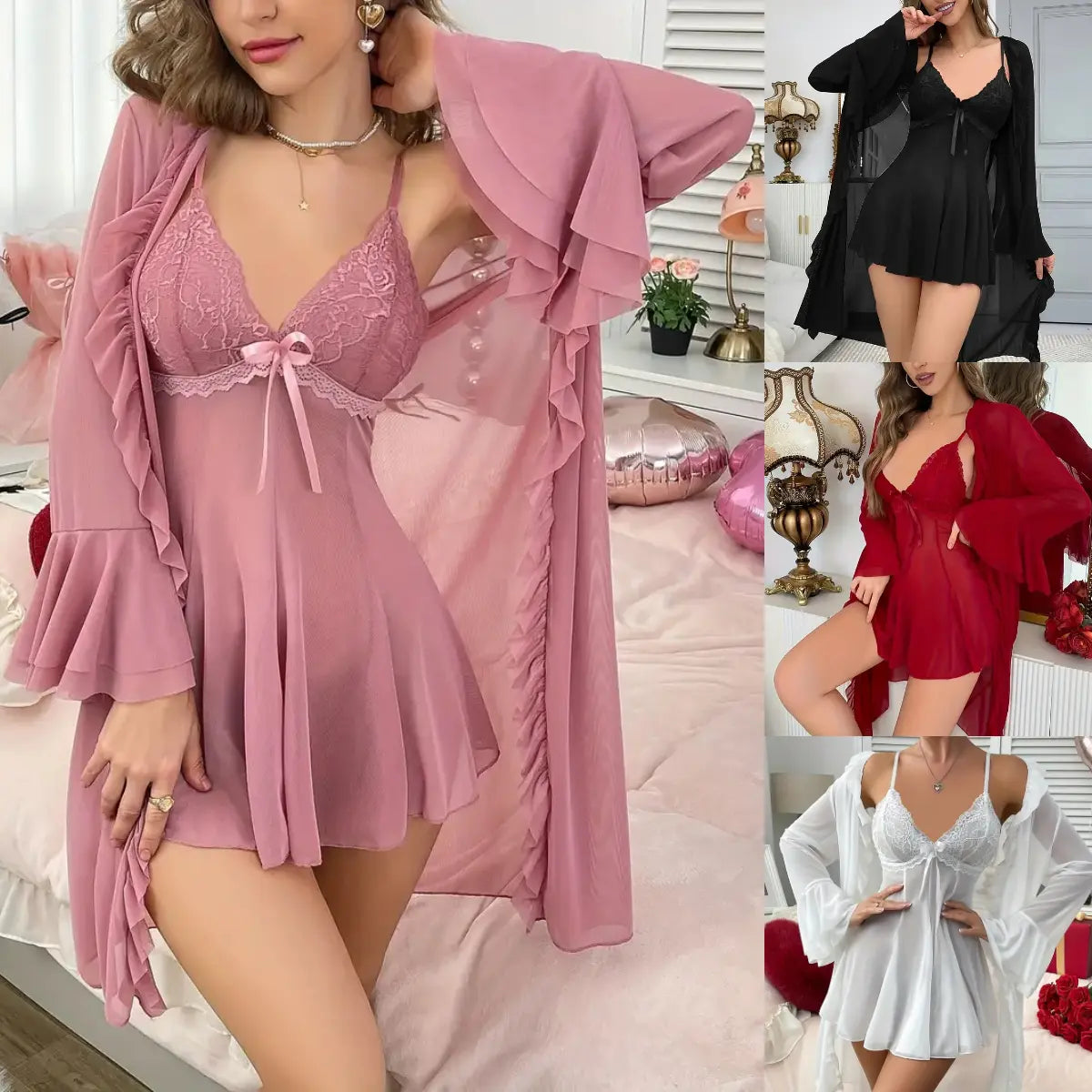 Women's 2-Piece Sexy Lace Lingerie Set - Cute Women's Sexywear, V-Neck Bodycon Bodysuit with Half-Sleeve Mesh Chemise Robe, Stretchy Breathable Lightweight Soft Nightwear