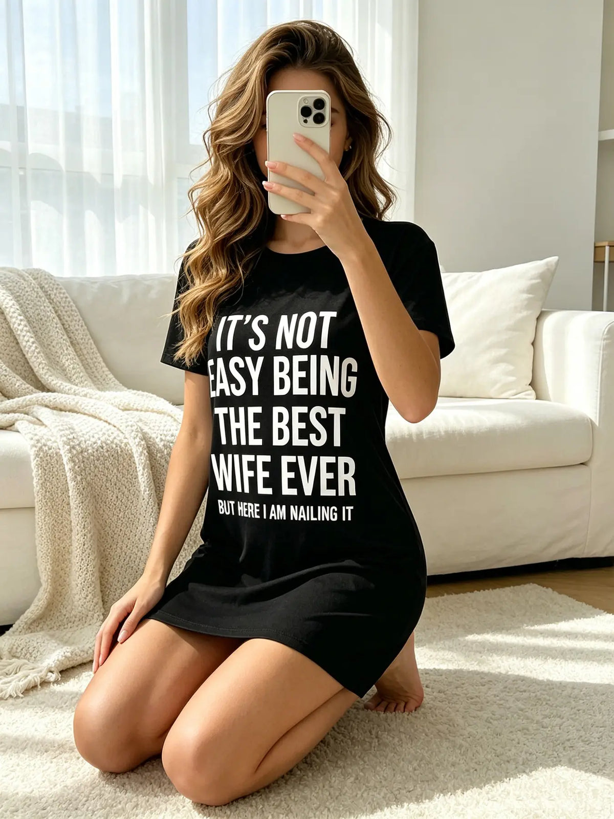 Women's Short Sleeve Round Neck Printed Nightgown, Spring Summer Wear, Black White Chic Slogan Print, Chic Aesthetic Style, Loose Fit, Breathable, For Daily Home Wear, Casual Wear And Home Office, Nightwear, Loungewear, Summer Sleepwear