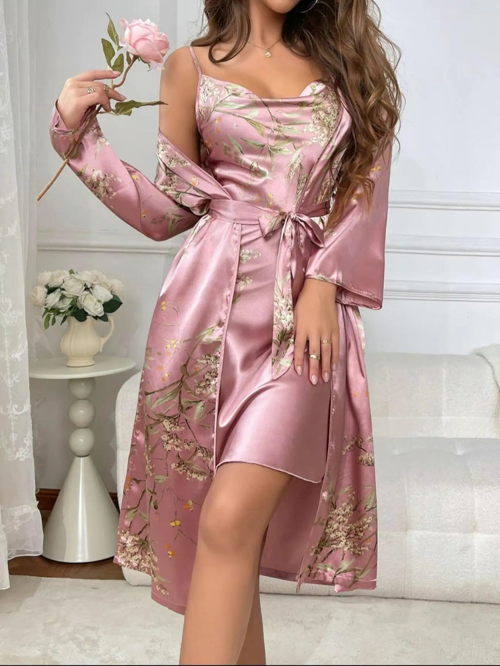 @Shopwithjulie Collection 2 Piece Set, Womenswear, Women's Lady Fitted Casual Floral Print Pyjama Set, Cowl Neck Cami & Belted Pj Robe, Fall Outfits, Women Sleepwear Loungewear Set, Long Sleeve, Style, Sleepwear Homewear Clothes, Loungewear Nightwear