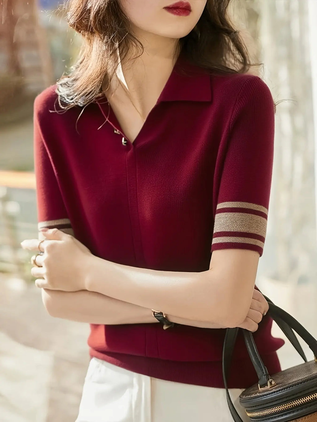 New Spring Autumn Fine Knitted Polo Shirt Slim Fitted Women Summer Versatile Stylish Short Sleeve Basic Base Layer Top, Casual Fashion Tee, Collared Polo Shirts