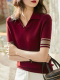 New Spring Autumn Fine Knitted Polo Shirt Slim Fitted Women Summer Versatile Stylish Short Sleeve Basic Base Layer Top, Casual Fashion Tee, Collared Polo Shirts