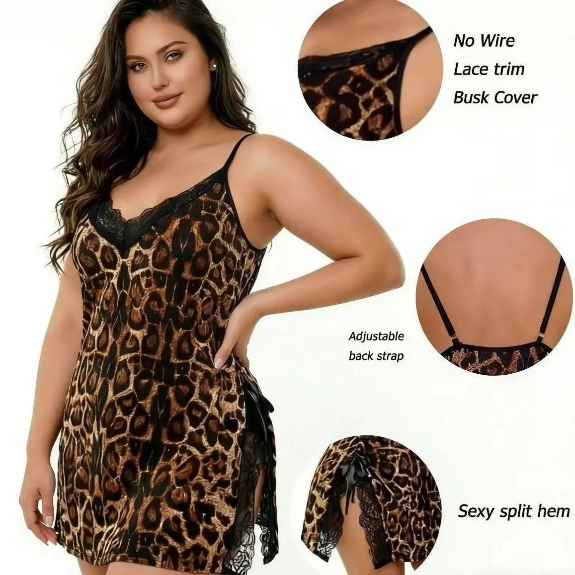 Jelsubi Women's Plus Size Leopard Print Lace Trim Polyester Night Gown - Sleeveless Spaghetti Strap Loose-Fit, 1XL-5XL Curvy-Size Support Nightdress, All-Seasons Home Comfort Sleepwear for Lounge in Style