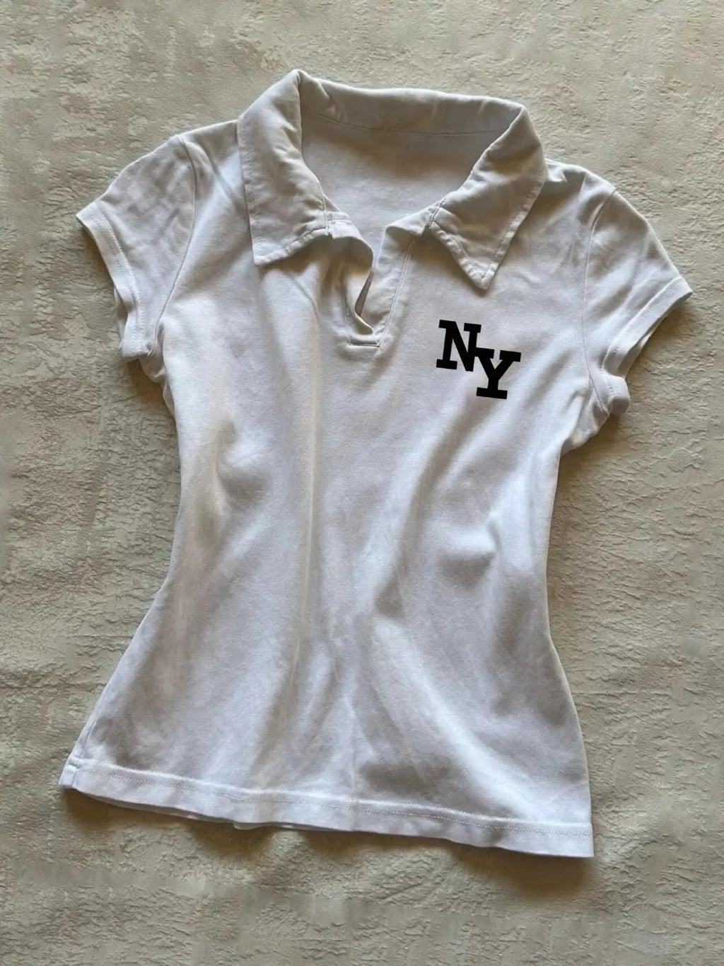 Women's NY Print Half Placket Polo Shirt, Casual Short Sleeve Collared Top for Daily Wear, Ladies Clothes for All Seasons