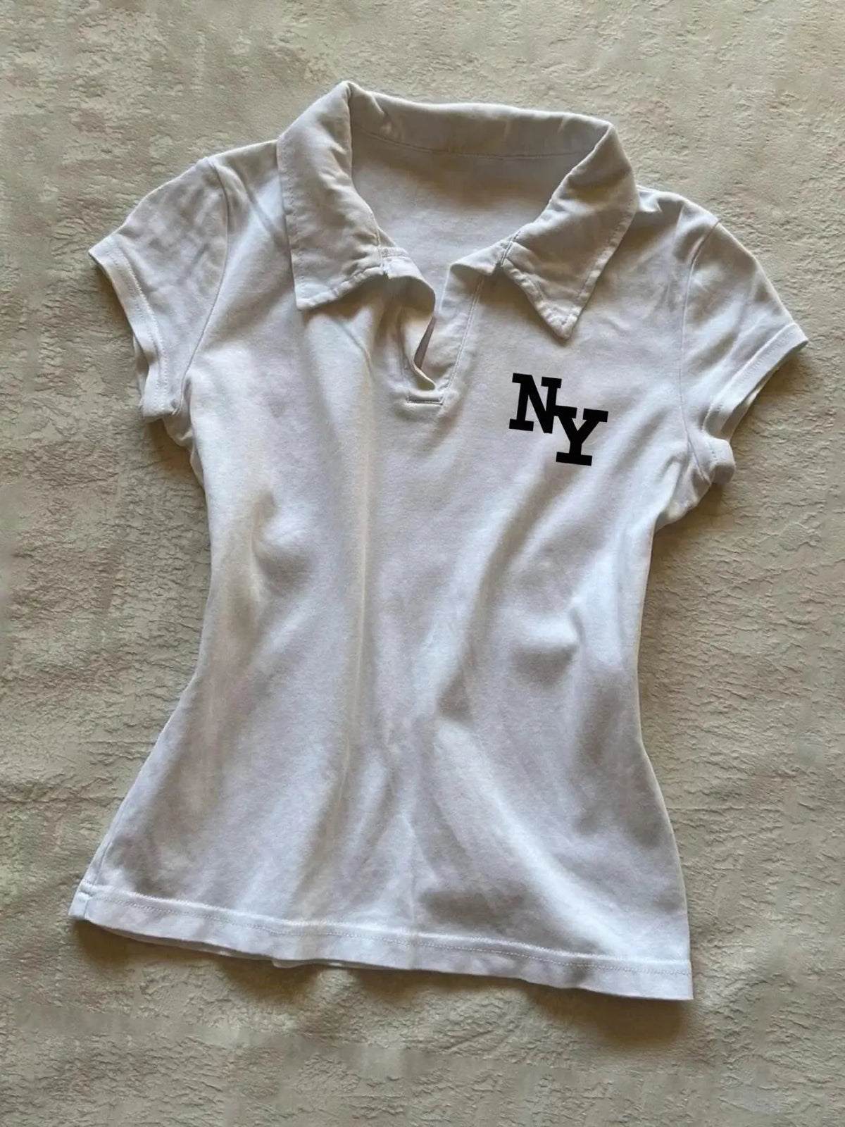 Women's NY Print Half Placket Polo Shirt, Casual Short Sleeve Collared Top for Daily Wear, Ladies Clothes for All Seasons