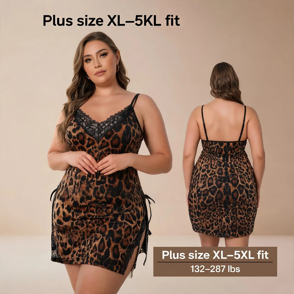 Jelsubi Women's Plus Size Leopard Print Lace Trim Polyester Night Gown - Sleeveless Spaghetti Strap Loose-Fit, 1XL-5XL Curvy-Size Support Nightdress, All-Seasons Home Comfort Sleepwear for Lounge in Style