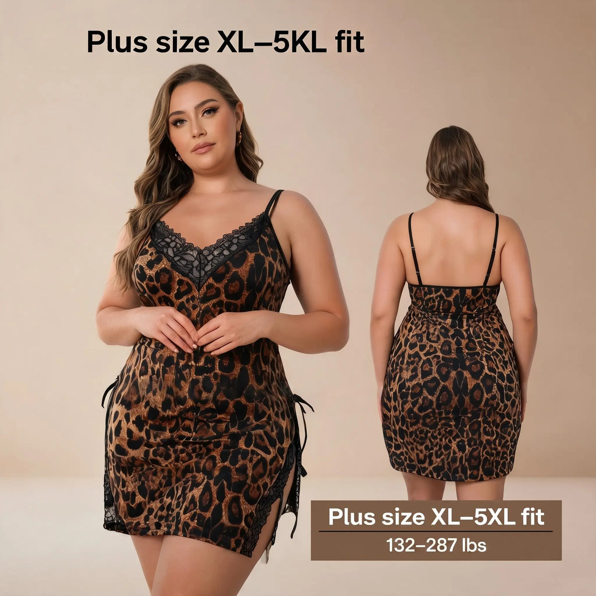 Jelsubi Women's Plus Size Leopard Print Lace Trim Polyester Night Gown - Sleeveless Spaghetti Strap Loose-Fit, 1XL-5XL Curvy-Size Support Nightdress, All-Seasons Home Comfort Sleepwear for Lounge in Style