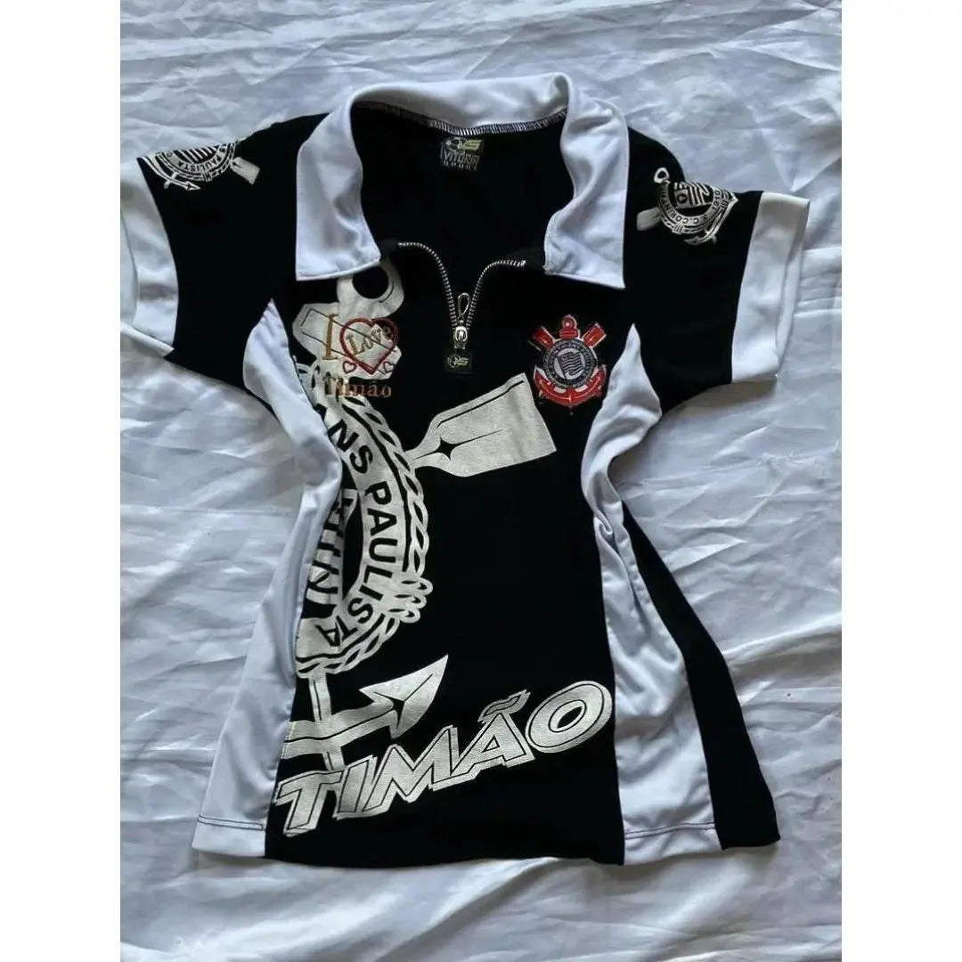 Women's Slim-Fitting Vintage Harajuku Polo Shirt - 2025 White Short-Sleeve Casual Button Clothing Item with Letter Badge Houndstooth Tops, Machine Washable Adult Wear-2598