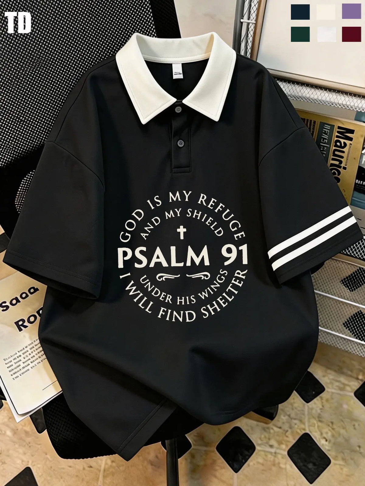 Td Psalm 91 God Is My Refuge Polo Shirt, Unisex Casual Blouse, Patchwork Design, Fitted Style, 6 Colors Available, Comfortable Short Sleeve Top
