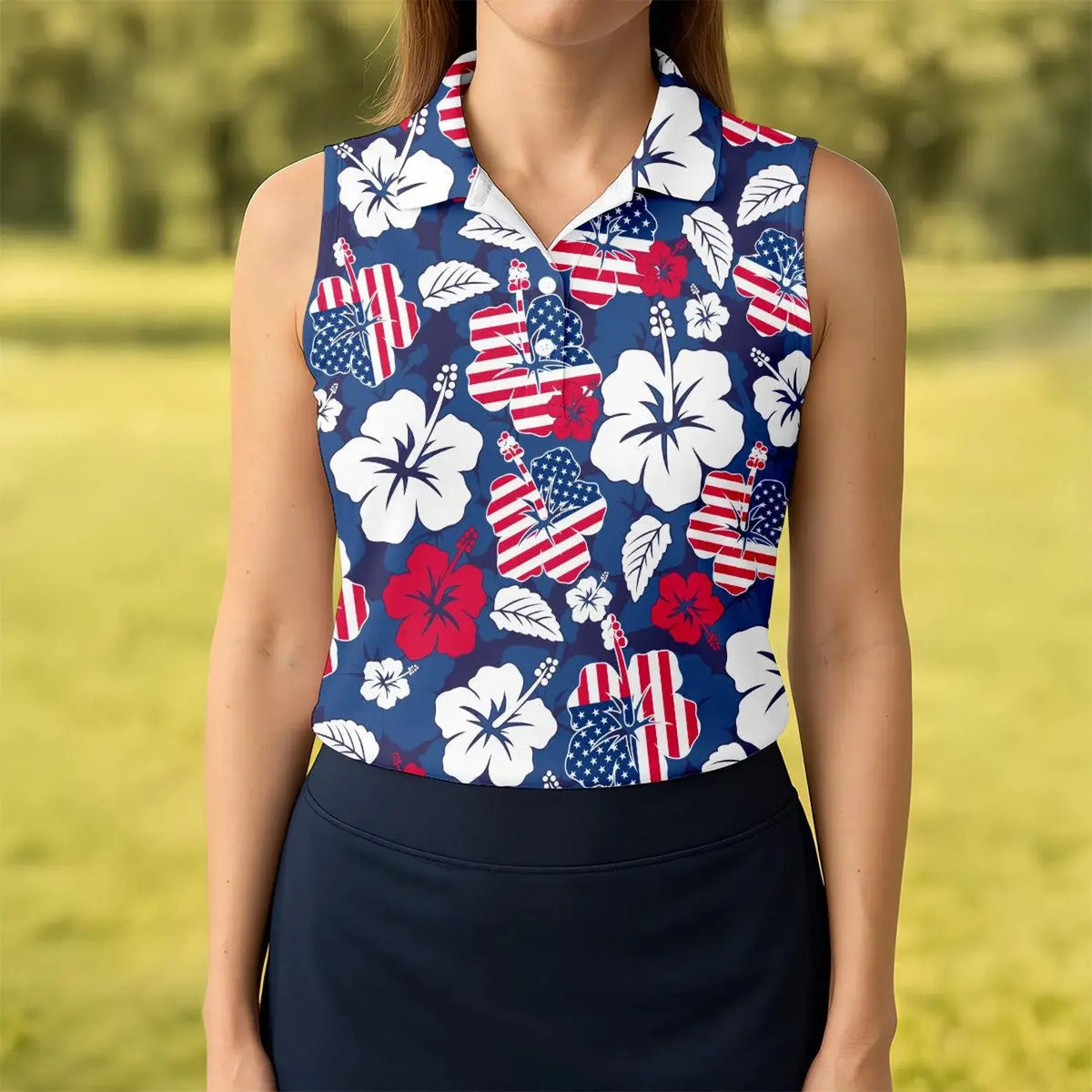 Women Patriotic Hibiscus Polo Shirt for Men Women, Summer Beach Vacation Sleeveless Polo for Women