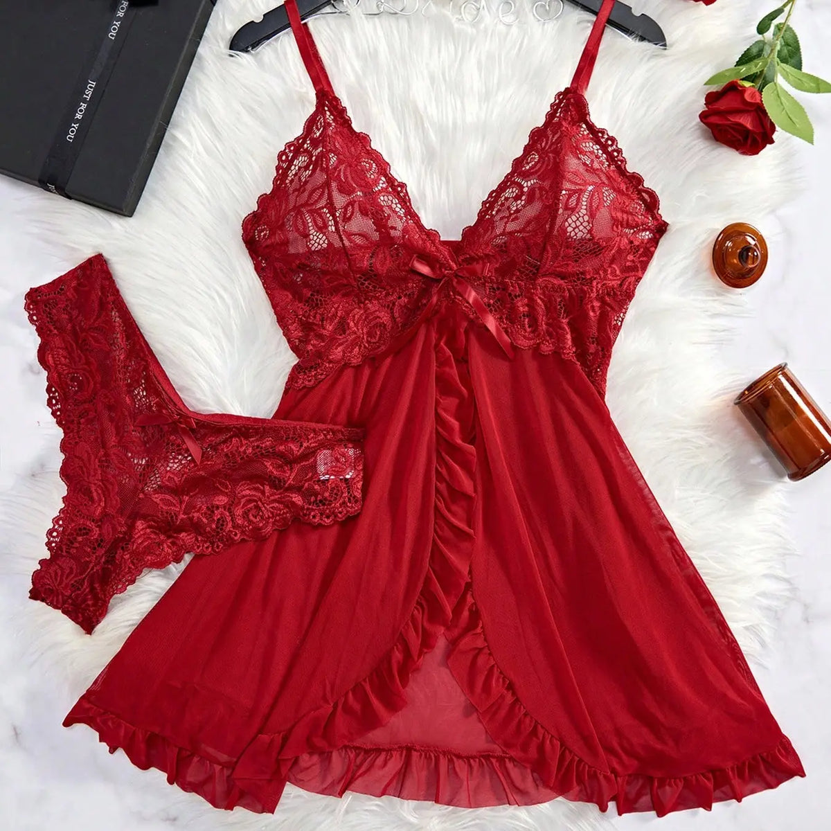 Women's 2-Piece Comfortable V-Neck Lingerie Set - Plain Lace Fabric with Black Trim Nightgown, Backless Ruffle Trim Split Hem Slip Dress with Thong for Elegant Sleepwear, Knitting Sohochic