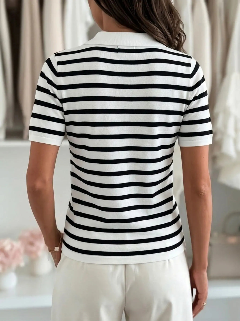 Women's Striped Short Sleeve Polo Shirt, V-Neck Lightweight Fall Layering Top, Elegant Slim-Fitting H Type, All Seasons Clothing