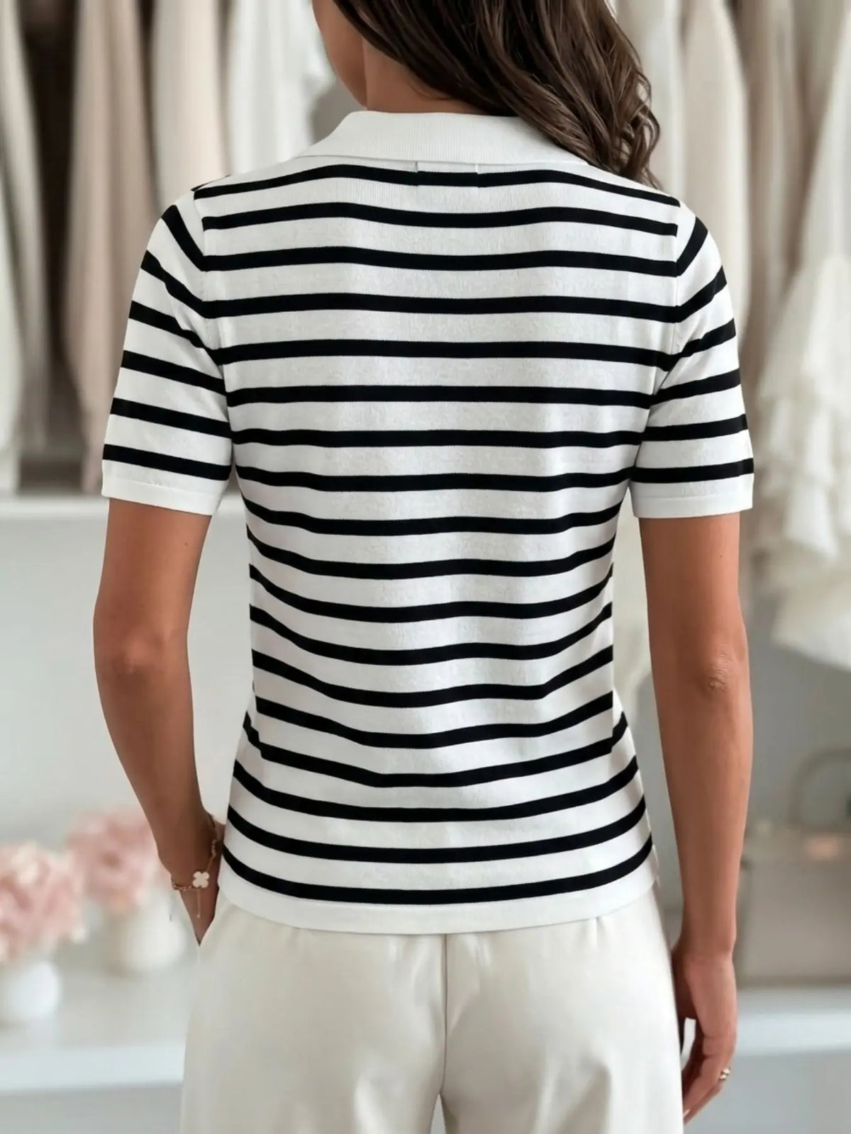 Women's Striped Short Sleeve Polo Shirt, V-Neck Lightweight Fall Layering Top, Elegant Slim-Fitting H Type, All Seasons Clothing