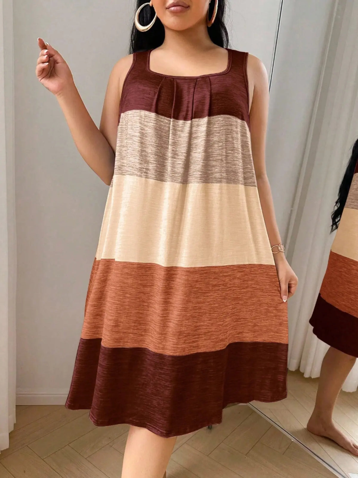Women's Plus Size Soft Skin-Friendly Patchwork Colorblock Vest Dress, Comfortable Spring Summer Sleepwear, Casual Wearable Long Sleeve, Casual Comfy Nightdress, Lounge Dresses, Soft Sleepwear Loungewear, Loungewear House Dress