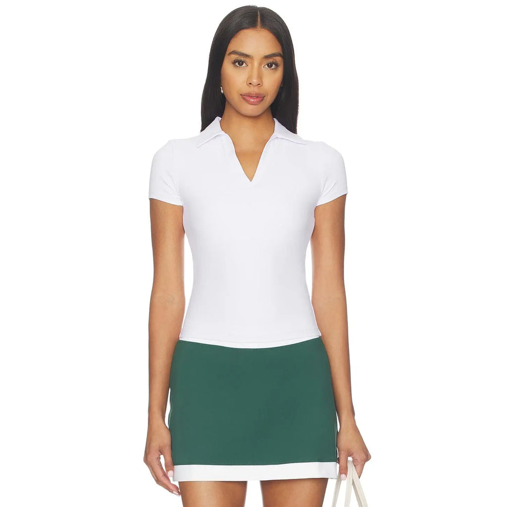 Women's YEAR OF OURS Studio Casual Polo Top, Nylon Fabric, White (with Bra Layer)