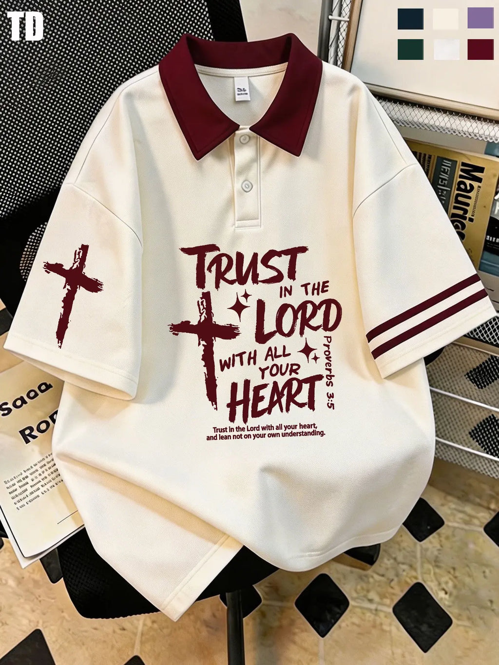Td Rough Brush Bold Inspirational Polo Shirts, Unisex Cross Symbol Graphic, Fitted Patchwork Blouse, Streetwear for Men Women