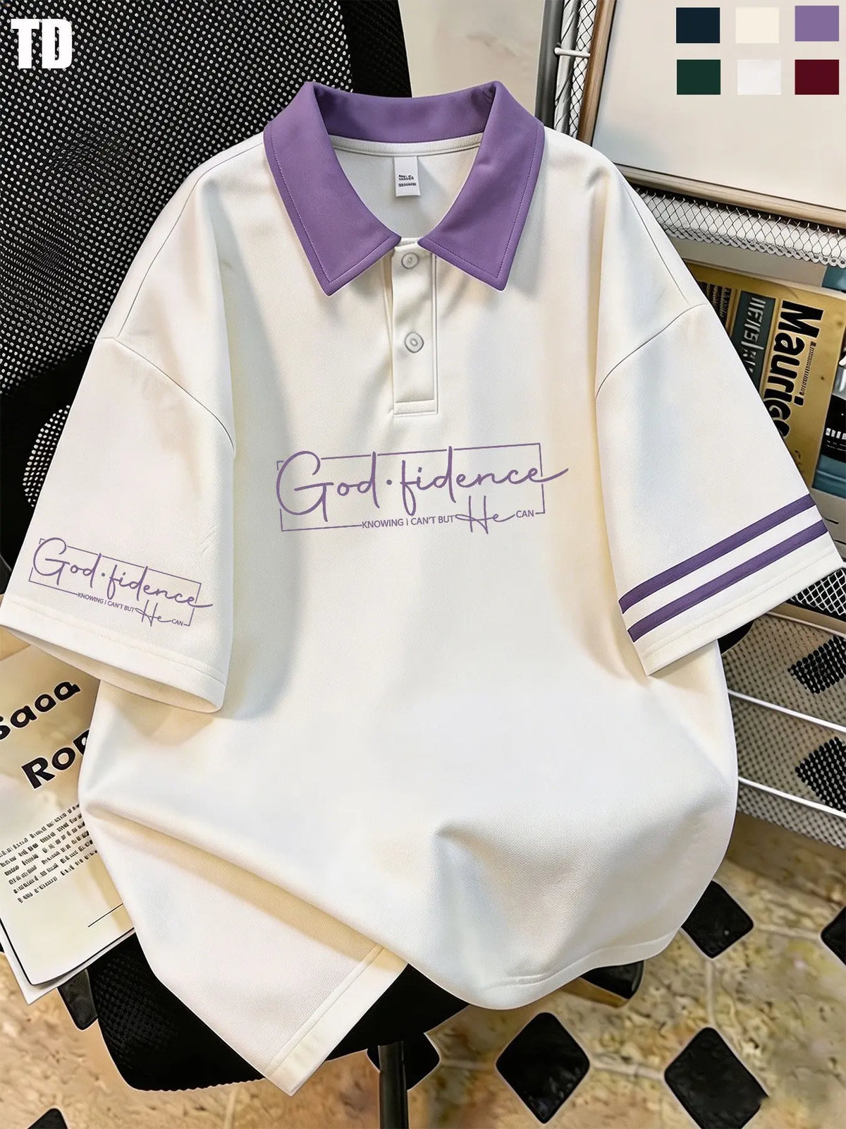 Td Faith Inspired Script Print Polo Shirts, Double Striped Cuff, Unisex 6 Colors, Breathable Street Tops, Casual