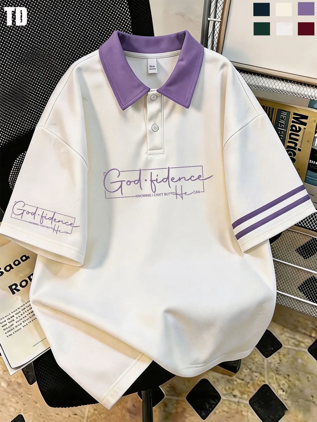 Td Faith Inspired Script Print Polo Shirts, Double Striped Cuff, Unisex 6 Colors, Breathable Street Tops, Casual