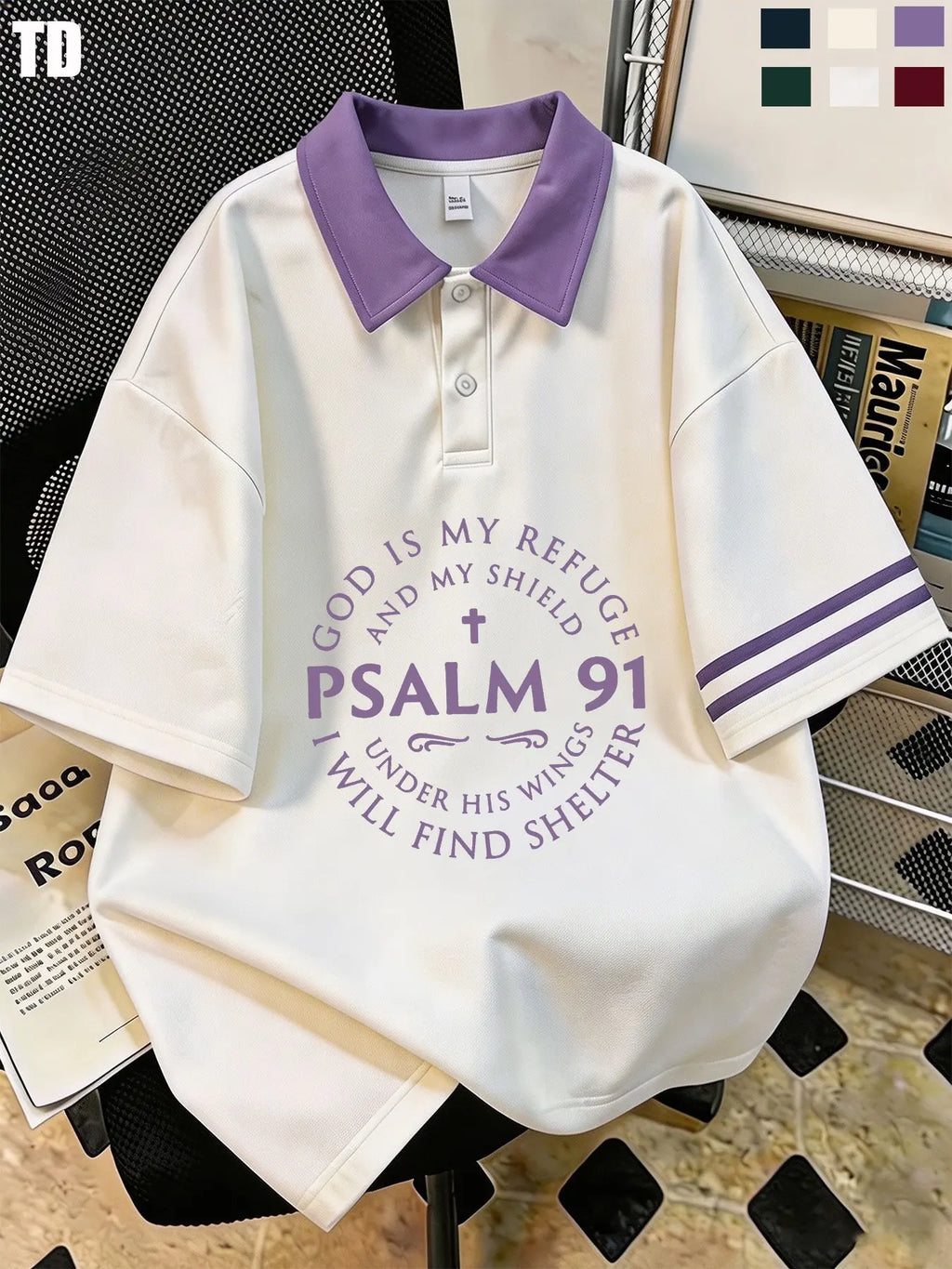 Td Psalm 91 God Is My Refuge Polo Shirt, Unisex Casual Blouse, Patchwork Design, Fitted Style, 6 Colors Available, Comfortable Short Sleeve Top