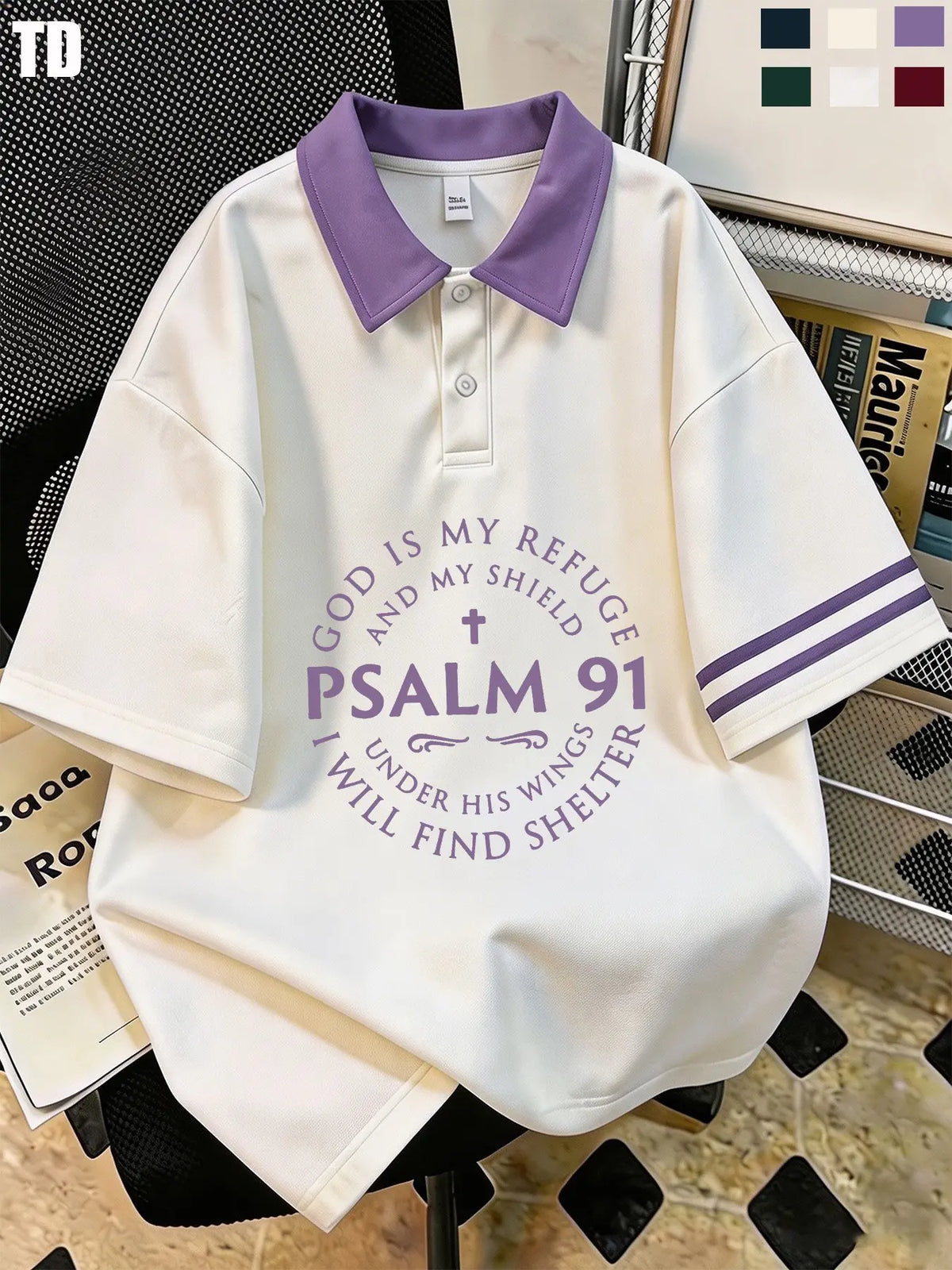 Td Psalm 91 God Is My Refuge Polo Shirt, Unisex Casual Blouse, Patchwork Design, Fitted Style, 6 Colors Available, Comfortable Short Sleeve Top