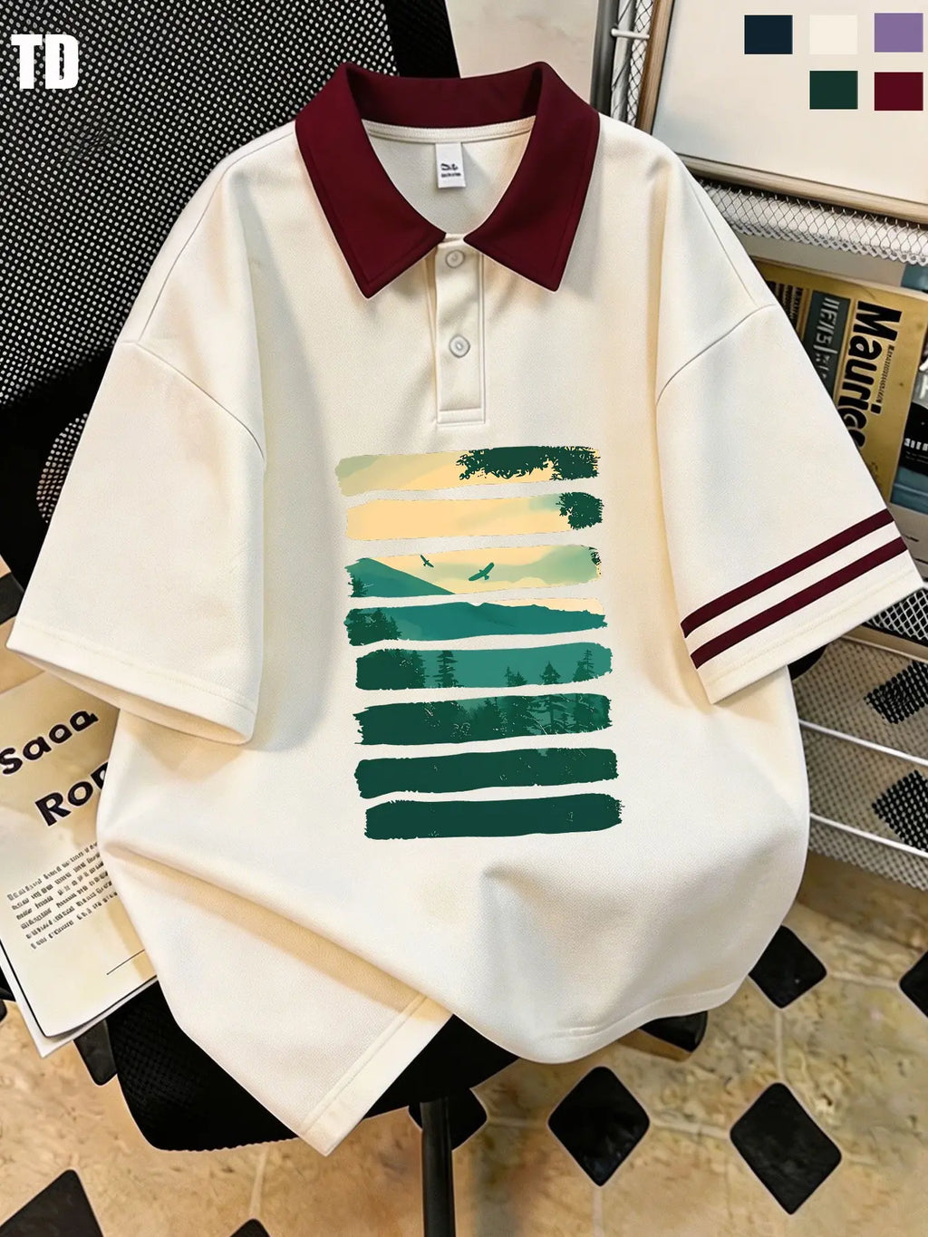 Td Retro Striped Mountain Forest Print Polo Shirt, Unisex Casual Summer Top, Collar, Double Striped Cuff, 5 Colors Available
