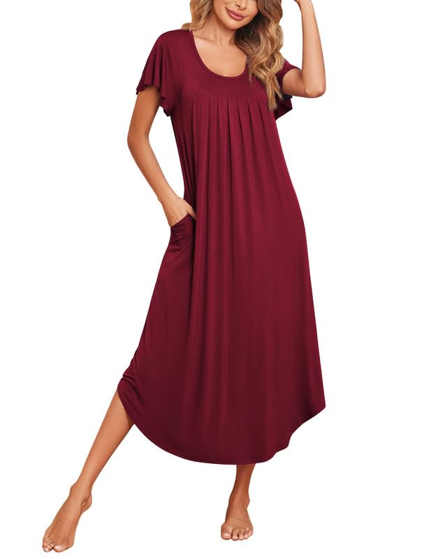 Ekouaer Long Nightgowns for Women with Pockets Short Sleeves House Dresses