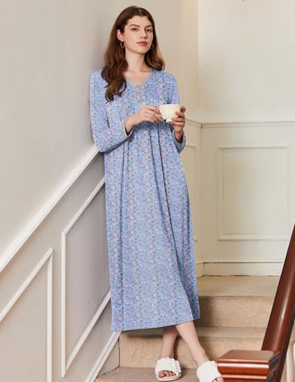 Ekouaer Women's Long Sleeve Nightgown Full Length Sleepwear Long Sleepshirts Henley Sleep Dress