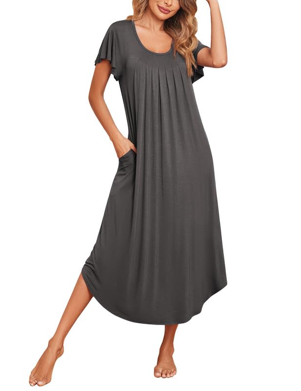 Ekouaer Long Nightgowns for Women with Pockets Short Sleeves House Dresses