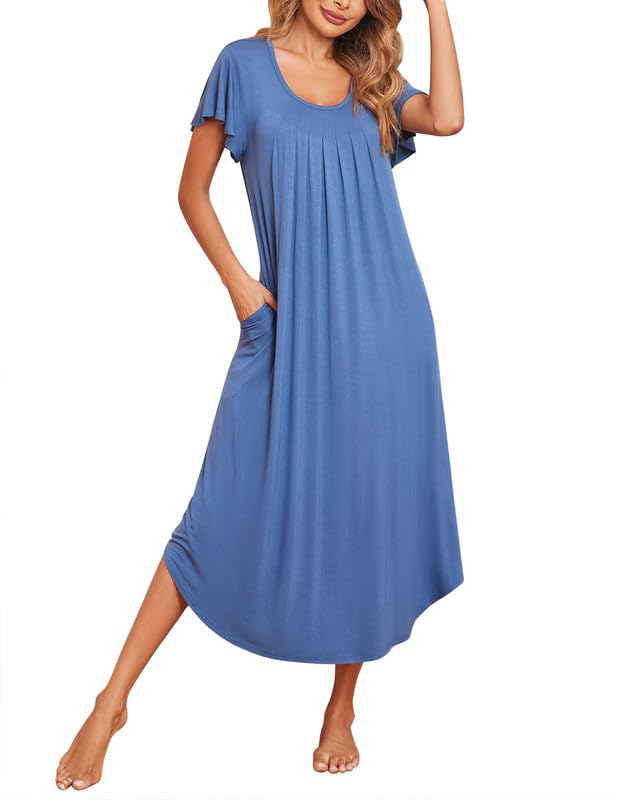 Ekouaer Long Nightgowns for Women with Pockets Short Sleeves House Dresses