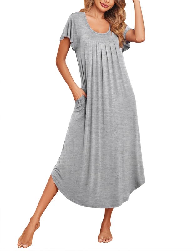 Ekouaer Long Nightgowns for Women with Pockets Short Sleeves House Dresses