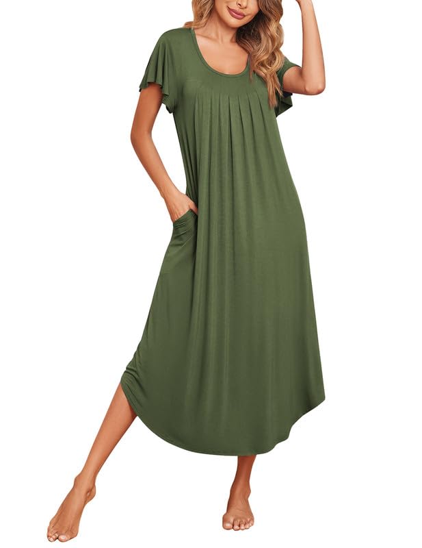 Ekouaer Long Nightgowns for Women with Pockets Short Sleeves House Dresses