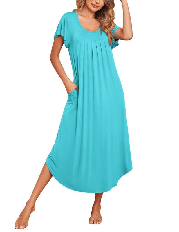 Ekouaer Long Nightgowns for Women with Pockets Short Sleeves House Dresses