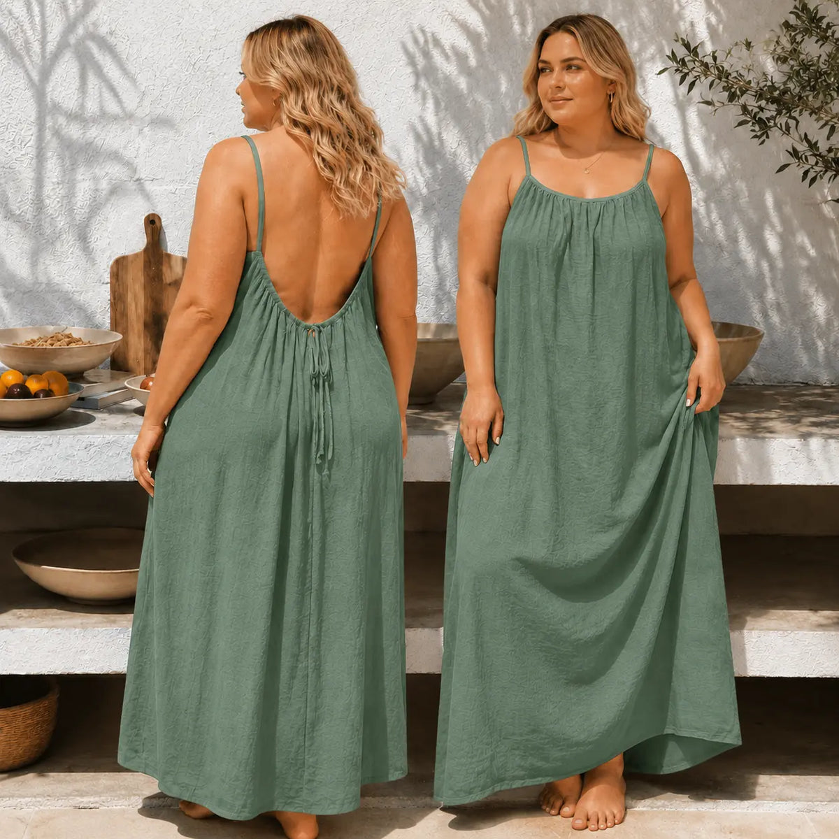 Women's Solid Color Cami Sports Dress - Comfortable Loungewear, Elegant Sleeveless Long Summer Style, Indoor-Ready Sleepwear with Open Cami for Heat Breathability, Indoor‑Ready Style