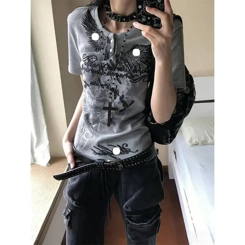 Women's Slim-Fitting Vintage Harajuku Polo Shirt - 2025 White Short-Sleeve Casual Button Clothing Item with Letter Badge Houndstooth Tops, Machine Washable Adult Wear-2598