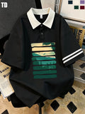 Td Retro Striped Mountain Forest Print Polo Shirt, Unisex Casual Summer Top, Collar, Double Striped Cuff, 5 Colors Available