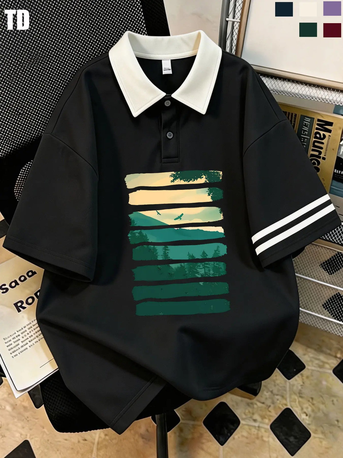 Td Retro Striped Mountain Forest Print Polo Shirt, Unisex Casual Summer Top, Collar, Double Striped Cuff, 5 Colors Available