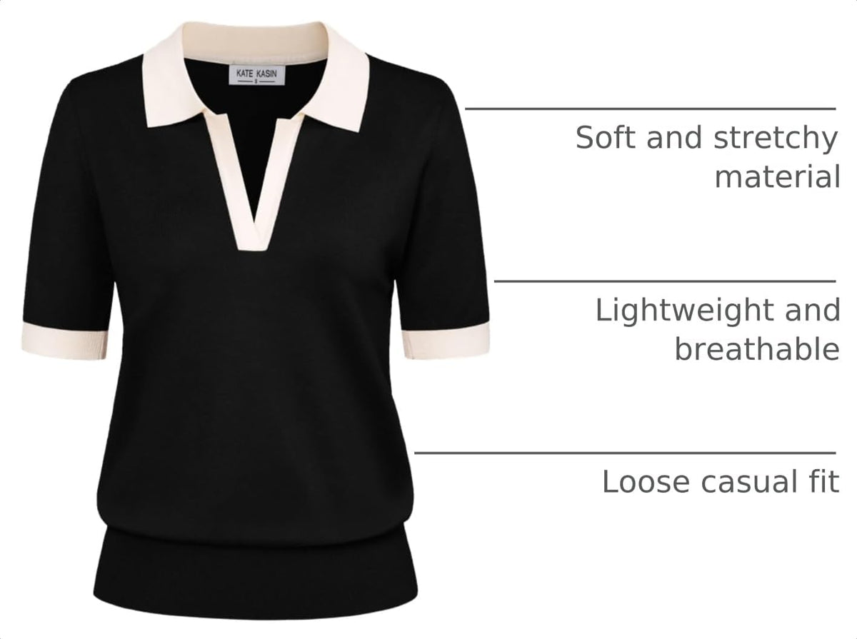 Women's Short Sleeve Classic V Neck Collared Casual Polo Sweater Tops