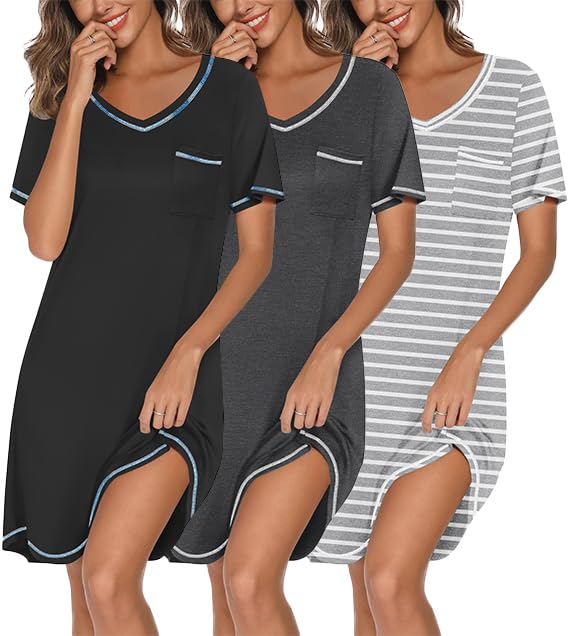 Ekouaer 3 Pack Nightgowns for Women Short Sleeve Sleep Shirt Soft Sleepwear