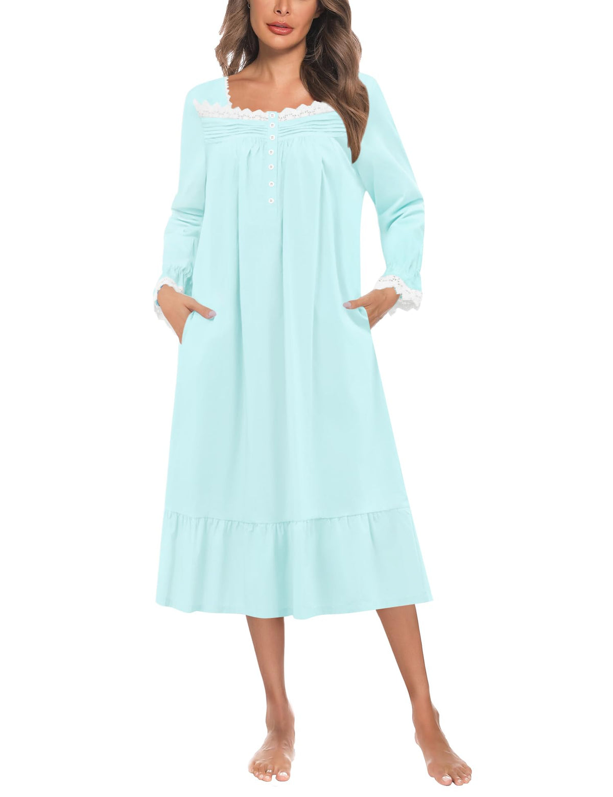 YOZLY Cotton Nightgowns for Women Embroidery Sleeveless Night Gown with Pockets S-XXXL