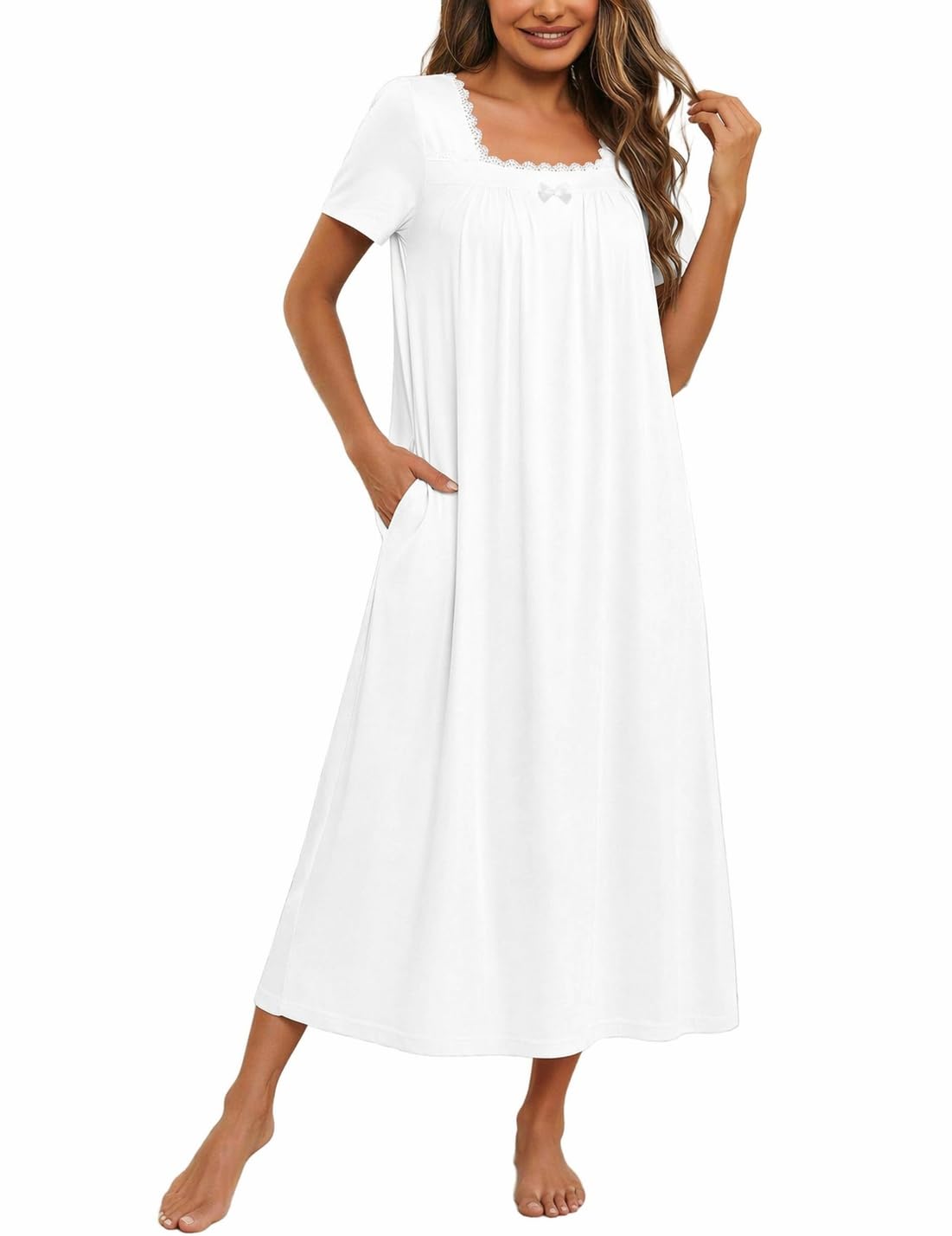 Ekouaer Cotton Long Nightgowns for Women Vintage House Dress with Pockets