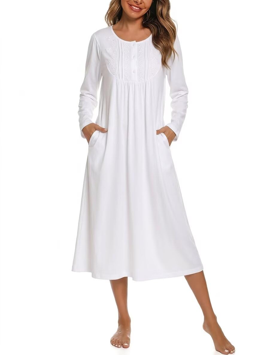 YOZLY Nightgowns for Women Soft Cotton Long Sleeve Night Gwon with Pockets