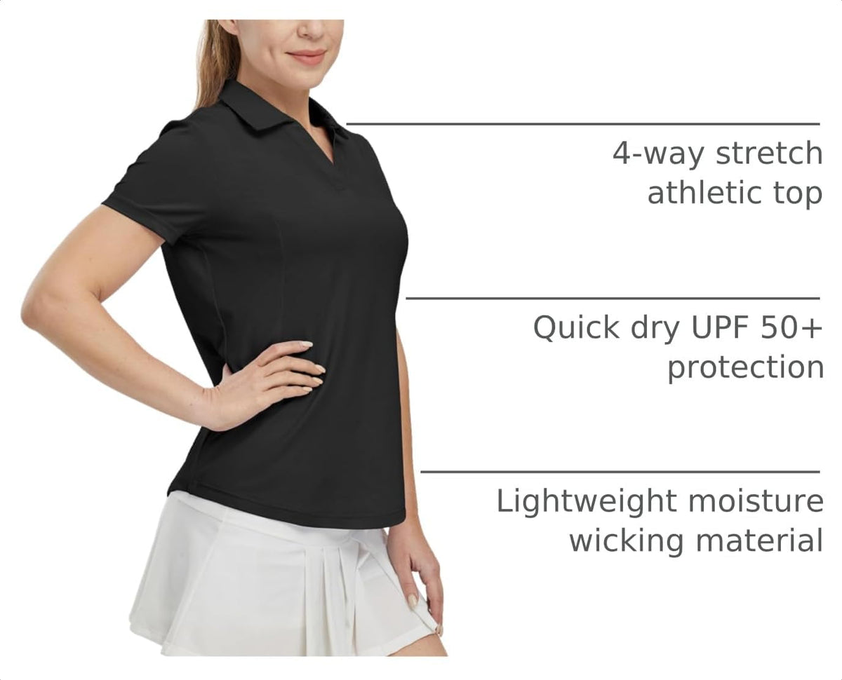 BGOWATU Women's Short Sleeve Golf Tennis Polo Shirts V Neck Collared Workout Tops UV Protection Dry Fit