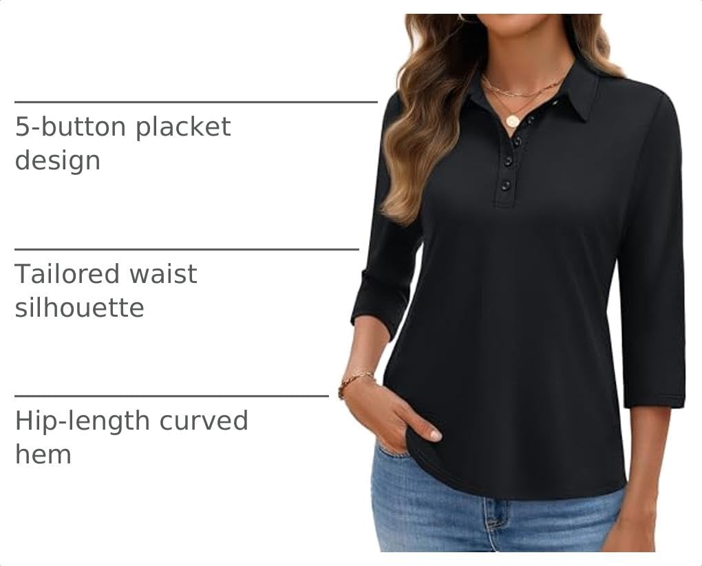 YUCOLEN Polo Shirts for Women 3/4 Sleeve Tops Golf Tees 5-Button Collared