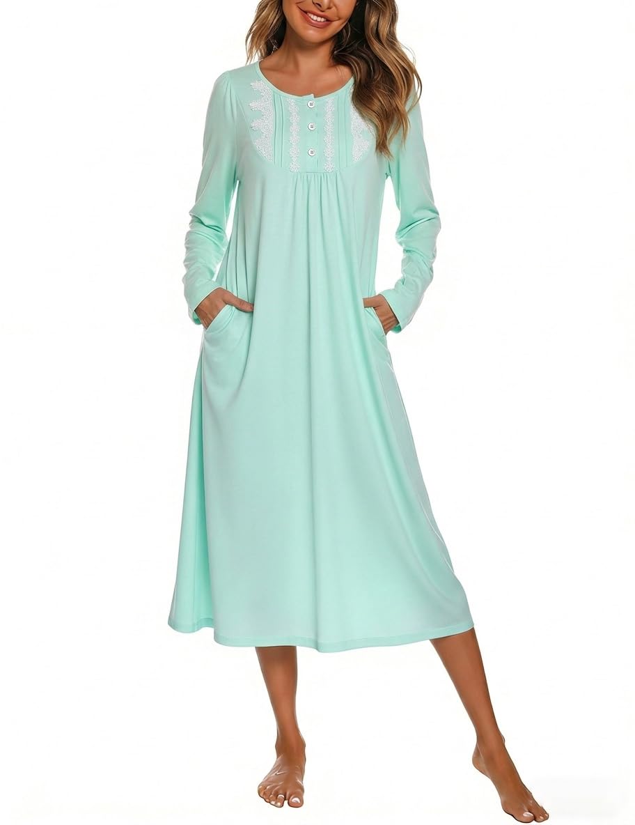 YOZLY Nightgowns for Women Soft Cotton Long Sleeve Night Gwon with Pockets