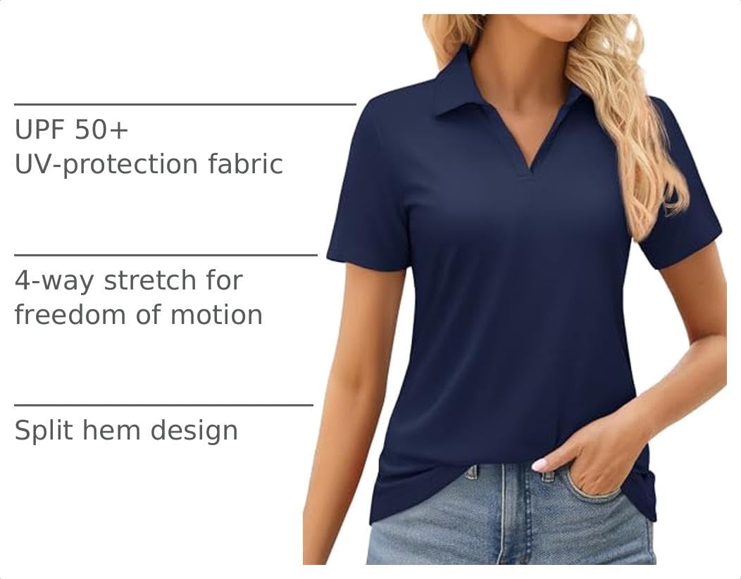 MAGCOMSEN Women's Golf Shirts Short Sleeve Polo Collared Shirt V Neck Quick Dry Sun Protection UPF 50+ Tennis Top