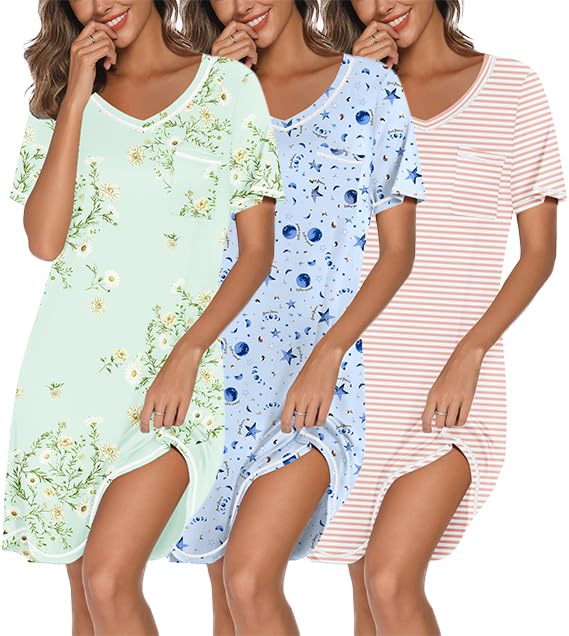 Ekouaer 3 Pack Nightgowns for Women Short Sleeve Sleep Shirt Soft Sleepwear