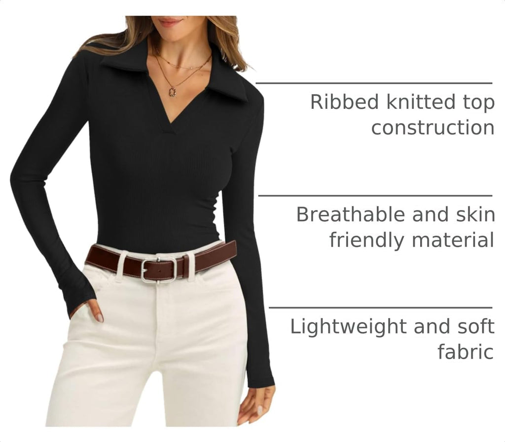WIHOLL Womens Polo Shirts Long Sleeve Business Casual Tops Collared V Neck Ribbed Knit Sweater Slim Fit Blouses