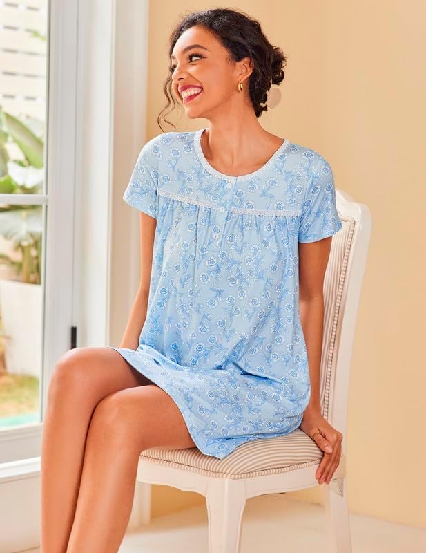 Ekouaer Women Nightgowns Short Sleeve Sleepwear Soft Nightshirt Pajamas