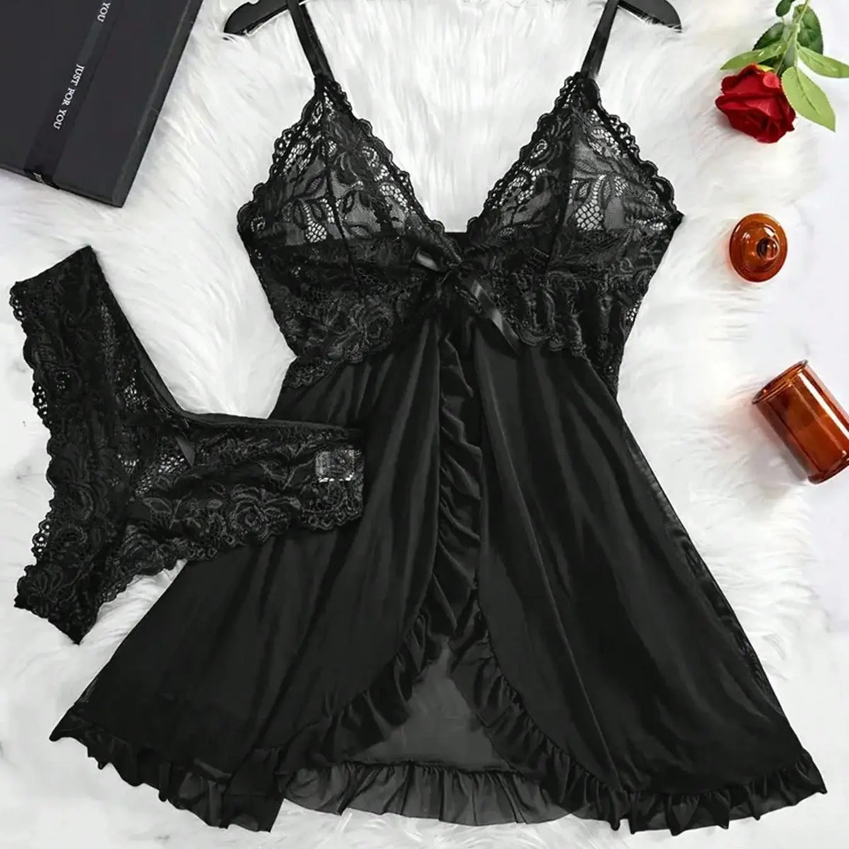 Women's 2-Piece Comfortable V-Neck Lingerie Set - Plain Lace Fabric with Black Trim Nightgown, Backless Ruffle Trim Split Hem Slip Dress with Thong for Elegant Sleepwear, Knitting Sohochic