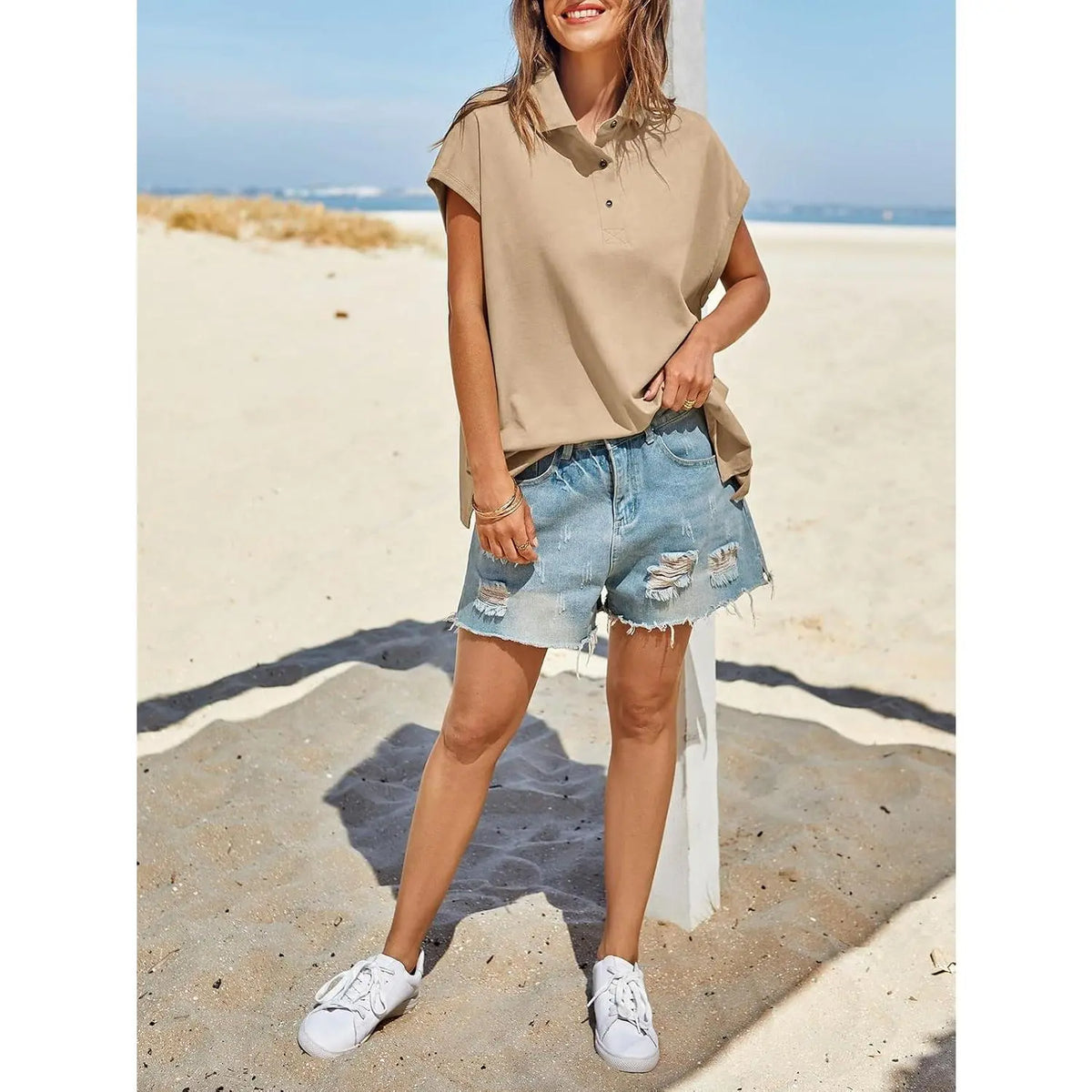 Imily Bela Womens Oversized Cap Sleeve Polo Shirts Summer Casual V Neck Tops Loose Fit Collared Cotton Tee Shirts