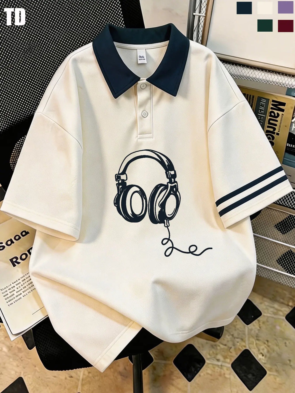 Td Retro Wired Headphones Graphic Polo Shirt, Unisex 5 Colors, Casual Summer Street Top, Fitted Patchwork Design, Music Lover Fashion Striped